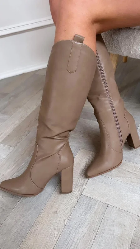Women's Over - the - Knee Suede Boots in Taupe for a Stylish and Sophisticated OutfitAlessia Mocha Block Heel Long Leather Look Boots Women's Over - the - Knee Suede Boots in Taupe for a Stylish and Sophisticated OutfitAlessia Mocha Block Heel Long Leather Look Boots
