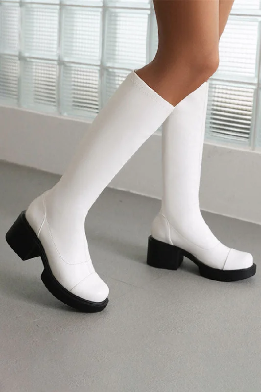 Women's Thigh - High Stretch Boots in Black for a Sexy and Alluring OutfitSolid Color Urban Round Toe Platform Boots Women's Thigh - High Stretch Boots in Black for a Sexy and Alluring OutfitSolid Color Urban Round Toe Platform Boots