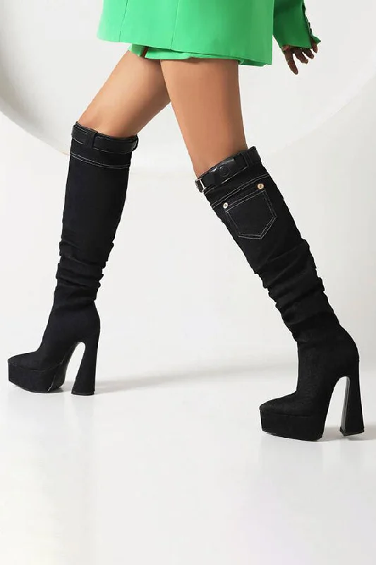 Plus Size Women's Snake Print Knee - High Boots in Brown for a Fashion - Forward StatementUnique Belt Buckle Design Pointed Toe Denim Boots Plus Size Women's Snake Print Knee - High Boots in Brown for a Fashion - Forward StatementUnique Belt Buckle Design Pointed Toe Denim Boots
