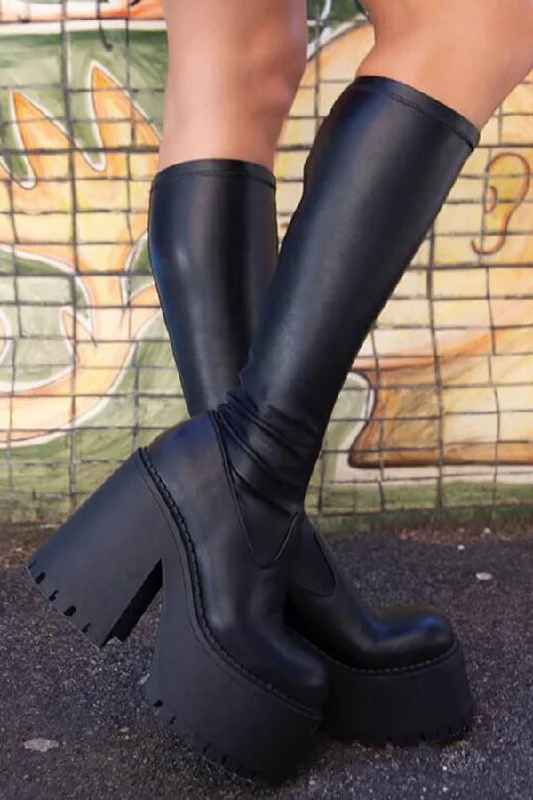 Women's Knee - High Leather Riding Boots in Black for a Classic Equestrian LookBlack Cool Chunky Platform Boots Women's Knee - High Leather Riding Boots in Black for a Classic Equestrian LookBlack Cool Chunky Platform Boots
