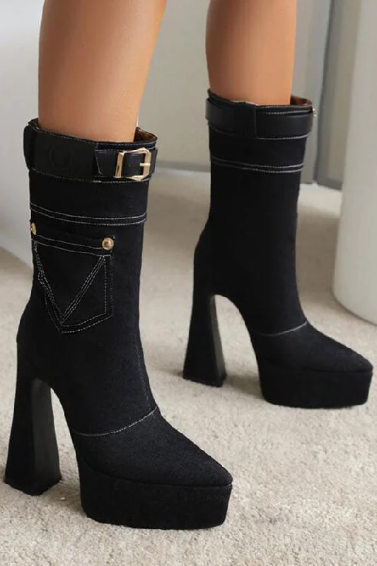 Plus Size Women's Faux Fur - Lined Ankle Boots in Chestnut for Cozy Winter WearBelt Buckle Design Unusual Denim Boots Plus Size Women's Faux Fur - Lined Ankle Boots in Chestnut for Cozy Winter WearBelt Buckle Design Unusual Denim Boots