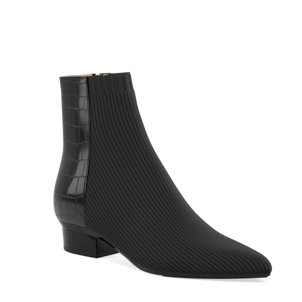 Plus Size Women's Block - Heeled Ankle Boots in Red for a Bold and Chic StatementThe Bootie - Coal Crocodile & Knit Plus Size Women's Block - Heeled Ankle Boots in Red for a Bold and Chic StatementThe Bootie - Coal Crocodile & Knit