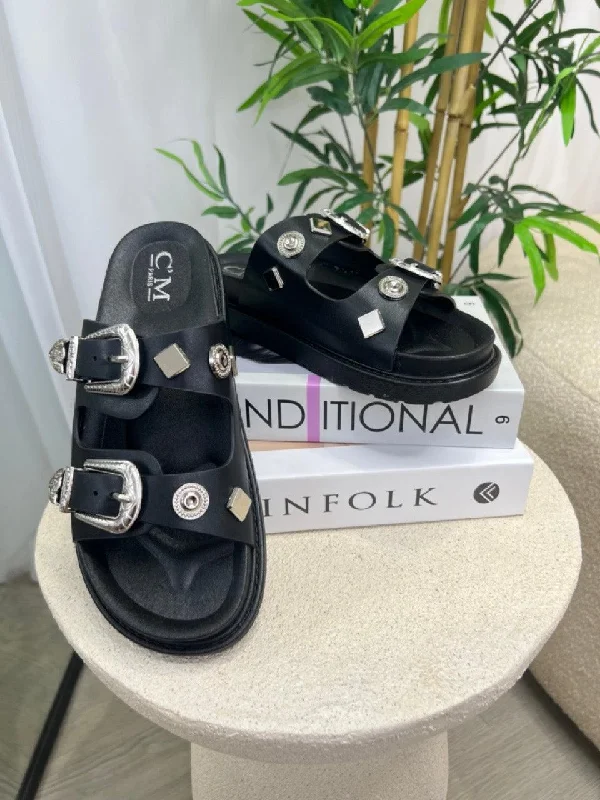 Shock - Absorbing Women's Sandals with a Soft Insole in Black for Active LifestylesEmbossed Buckle Sandal Shock - Absorbing Women's Sandals with a Soft Insole in Black for Active LifestylesEmbossed Buckle Sandal