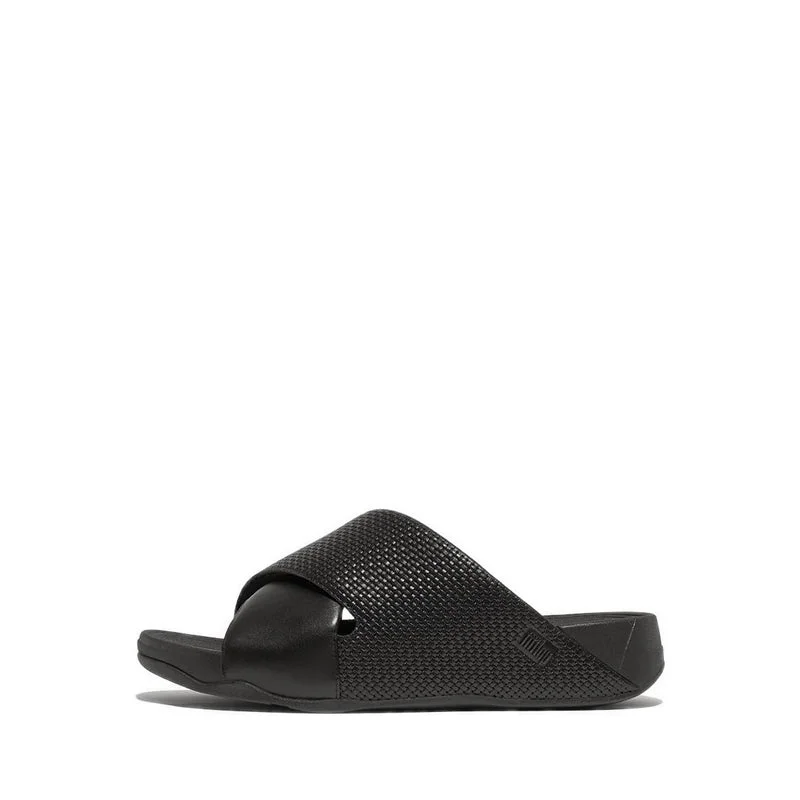 Child - Friendly Women's Sandals with a Secure Buckle in Purple for Moms on the GoFreeway Weave-Embossed Leather Cross Slides Child - Friendly Women's Sandals with a Secure Buckle in Purple for Moms on the GoFreeway Weave-Embossed Leather Cross Slides
