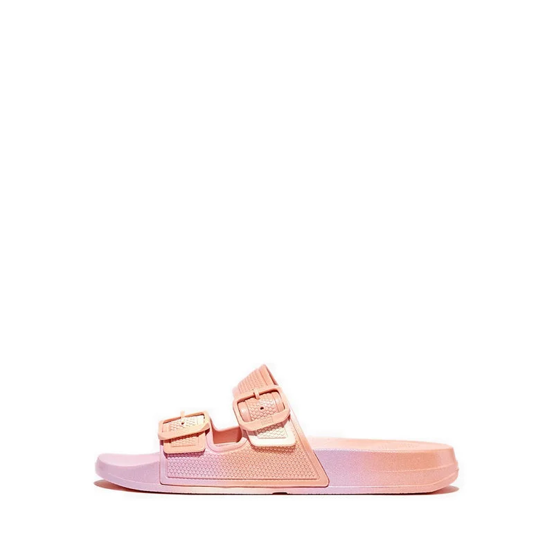 Women's Sandals with a Wedge Heel and a Tassel Detail in Orange for a Trendy LookIQUSHION IRIDESCENT TWO-BAR BUCKLE SLIDES Women's Sandals with a Wedge Heel and a Tassel Detail in Orange for a Trendy LookIQUSHION IRIDESCENT TWO-BAR BUCKLE SLIDES
