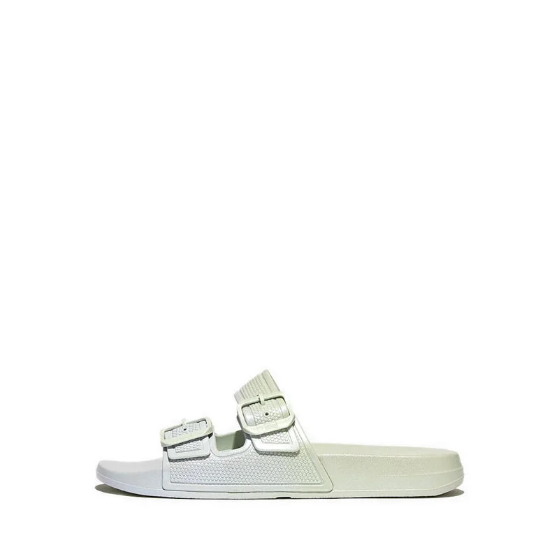 Shock - Absorbing Women's Sandals with a Soft Insole in Black for Active LifestylesIQUSHION IRIDESCENT TWO-BAR BUCKLE SLIDES