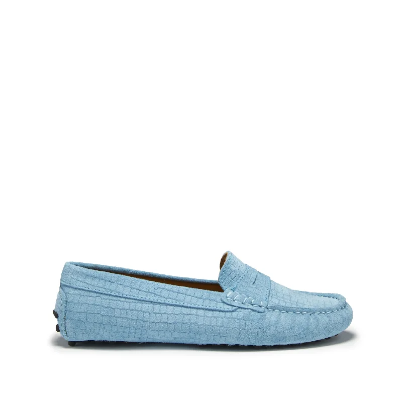 Sustainable Women's Recycled Material Loafers in Gray for Eco - Conscious ShoppersWomen's Penny Driving Loafers, blue embossed suede