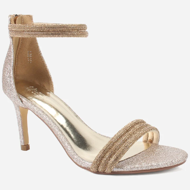 Women's Sandals with a Glitter - Coated Strap in Gold for a Sparkly Summer OutfitWomen's "TITLY" Embellished Stiletto Evening Sandals