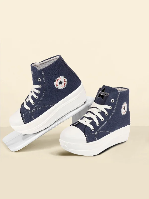 Women's Sneakers with Memory Foam Insoles for Exceptional Cushioning and ComfortWomen Navy Blue High Ankle Top Wedge Heels Canvas Lace Up Sneakers Shoes Women's Sneakers with Memory Foam Insoles for Exceptional Cushioning and ComfortWomen Navy Blue High Ankle Top Wedge Heels Canvas Lace Up Sneakers Shoes