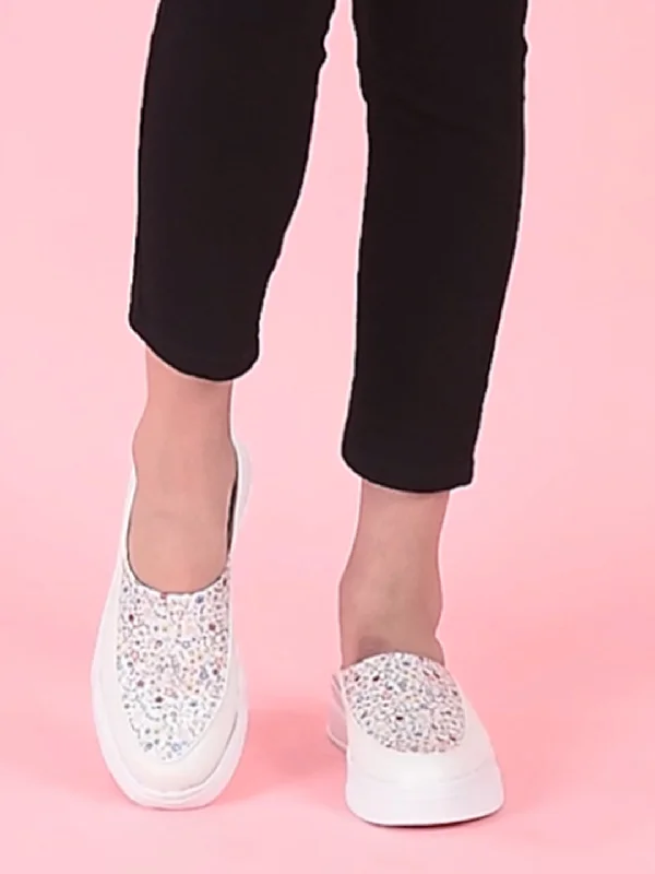 Lightweight Knit Women's Sneakers with Arch Support for All - Day ComfortWomen White Stiched Floral Print Classic Weekend Party Slip On Casual Shoes Lightweight Knit Women's Sneakers with Arch Support for All - Day ComfortWomen White Stiched Floral Print Classic Weekend Party Slip On Casual Shoes