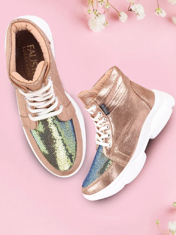 Women's Sneakers with Memory Foam Insoles for Exceptional Cushioning and ComfortWomen Golden High Ankle Lace Up Embellished Sneakers Women's Sneakers with Memory Foam Insoles for Exceptional Cushioning and ComfortWomen Golden High Ankle Lace Up Embellished Sneakers