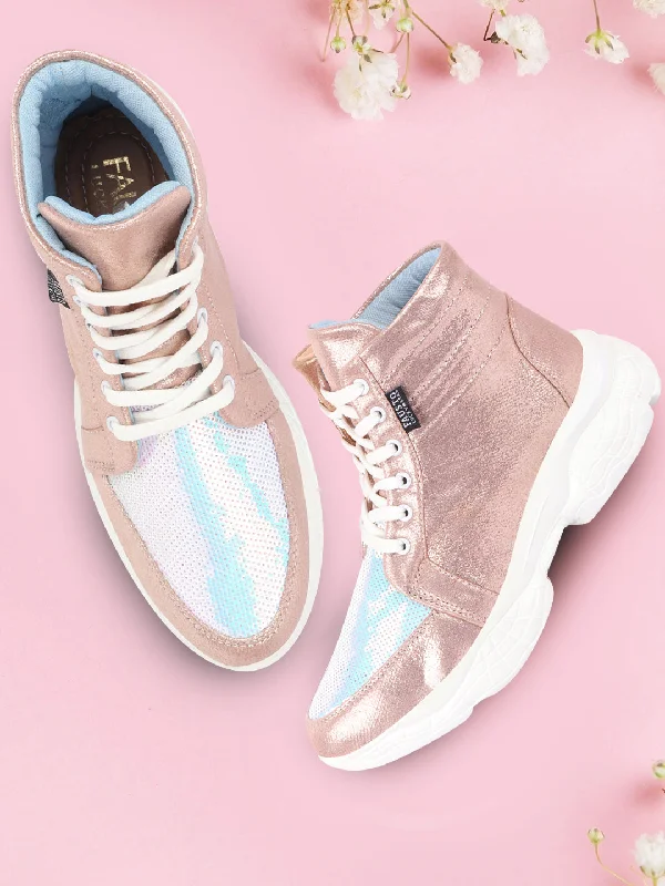 Women's Sneakers with Adjustable Straps for a Customized Fit During High - Impact ExercisesWomen Pink High Ankle Lace Up Embellished Sneakers Women's Sneakers with Adjustable Straps for a Customized Fit During High - Impact ExercisesWomen Pink High Ankle Lace Up Embellished Sneakers