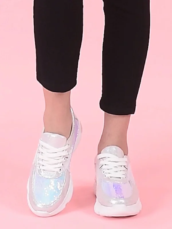 Breathable Mesh Women's Running Sneakers with Reflective Trim for Nighttime JoggingWomen Silver Stylish Lace Up Embellished Sneakers Breathable Mesh Women's Running Sneakers with Reflective Trim for Nighttime JoggingWomen Silver Stylish Lace Up Embellished Sneakers