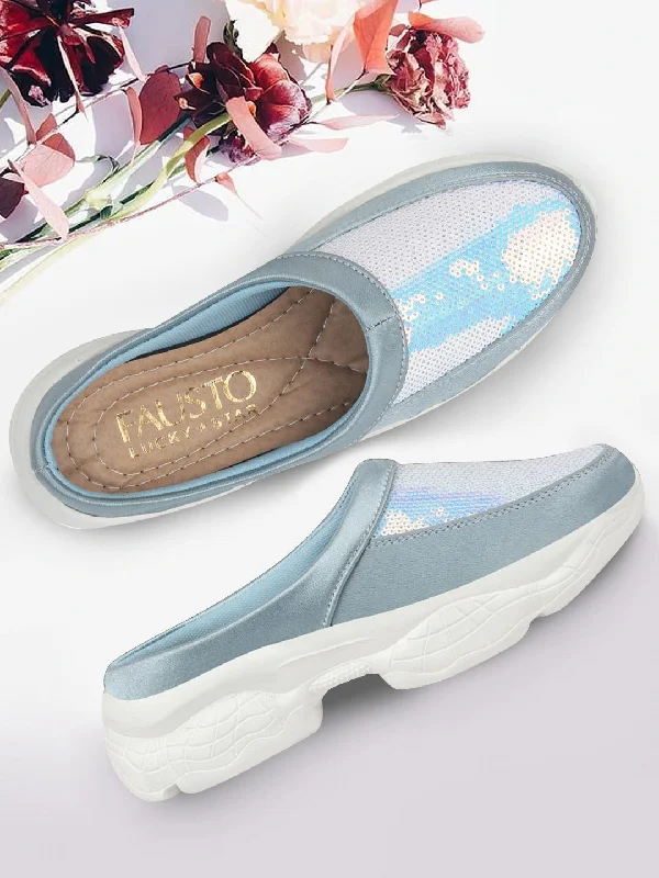 Wide - Width Women's Sneakers for Comfortable Fit for Those with Wider FeetWomen Sky Blue Back Open Embellished Slip On Mules Wide - Width Women's Sneakers for Comfortable Fit for Those with Wider FeetWomen Sky Blue Back Open Embellished Slip On Mules