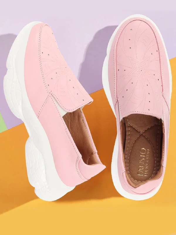 Chunky - Sole Women's Platform Sneakers in White for a Trendy Street Style LookWomen Pink Printed Design Stitched Comfort Slip On Sneaker Shoes Chunky - Sole Women's Platform Sneakers in White for a Trendy Street Style LookWomen Pink Printed Design Stitched Comfort Slip On Sneaker Shoes