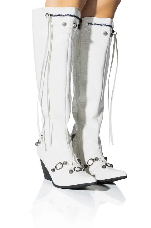 Knee high boots with a zippered back​A GOOD ONE WHITE CROC BOOT