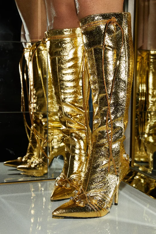women's booties with pointed toeAdison Knee High Boots - Gold