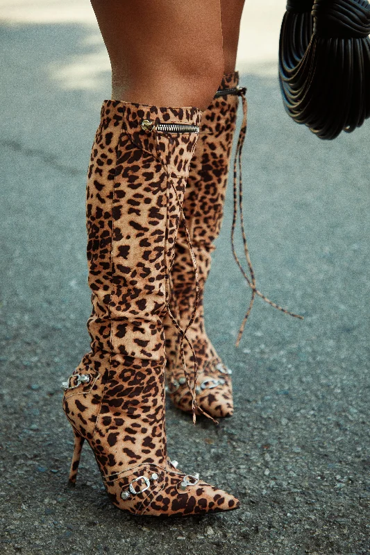 women's heeled bootiesAdison Metallic Knee High Boots - Leopard