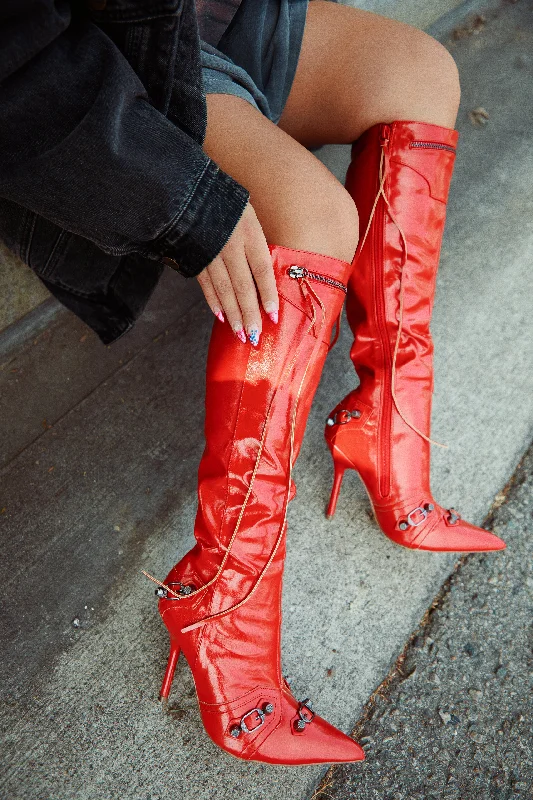 women's booties with chukka styleAdison Metallic Knee High Boots - Red