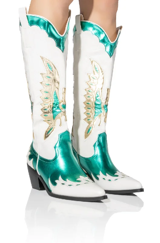 Knee high boots with elastic gussets​AZALEA WANG ALPOLINE WEDGE BOOT IN GREEN