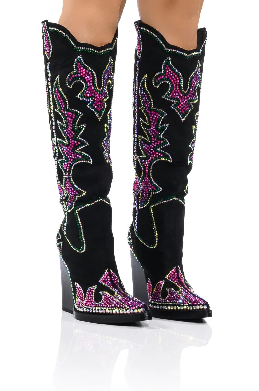 Shearling lined knee high boots for ultimate cozinessAZALEA WANG BILLINGS EMBELLISHED WESTERN BOOT IN BLACK Shearling lined knee high boots for ultimate cozinessAZALEA WANG BILLINGS EMBELLISHED WESTERN BOOT IN BLACK