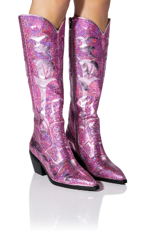 Low heel knee high boots for a casual lookAZALEA WANG BRAELYN EMBELLISHED BOOT IN PINK Low heel knee high boots for a casual lookAZALEA WANG BRAELYN EMBELLISHED BOOT IN PINK