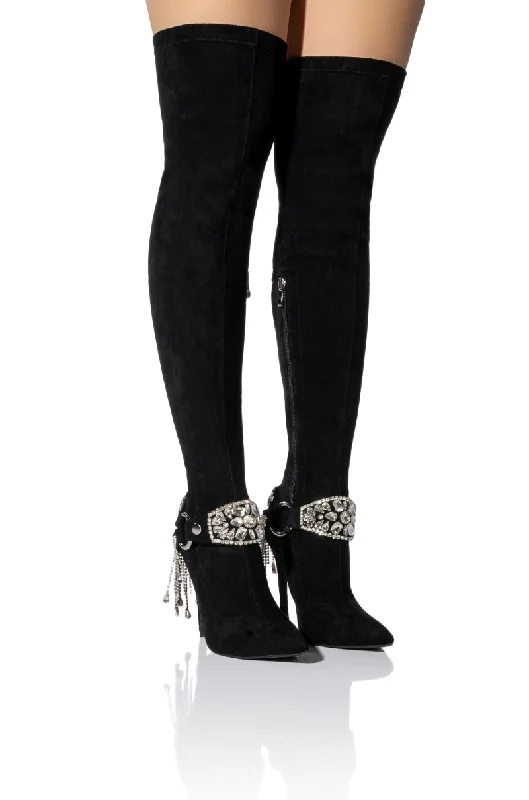 Knee high boots with buckle accents​AZALEA WANG CAESAR STILETTO BOOT IN BLACK