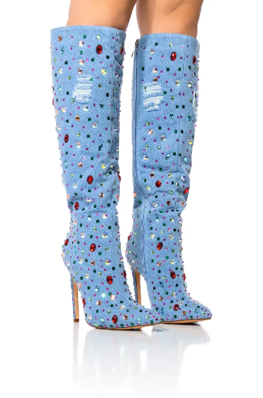 Metallic knee high boots for a glamorous touch​AZALEA WANG CHILI STILETTO EMBELLISHED BOOT IN DENIM