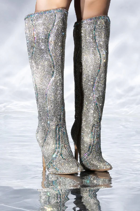 Knee high boots with chain accents​AZALEA WANG CLASSY EMBELLISHED SILVER BOOT