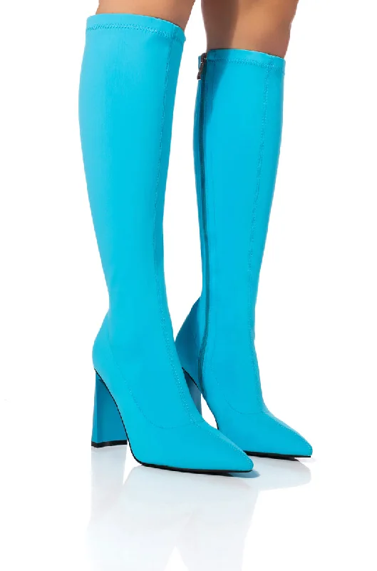 Platform knee high boots for added height​AZALEA WANG ESTATE NEOPRENE BOOT IN BLUE