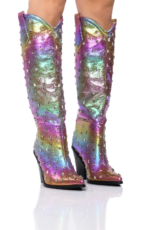 Knee high boots with buckle accents​AZALEA WANG FREYA METALLIC PURPLE BOOT