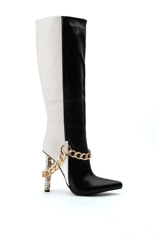 Knee high boots with scalloped edgesAZALEA WANG HARLOW KNEE HIGH CHAIN BOOT IN BLACK WHITE Knee high boots with scalloped edgesAZALEA WANG HARLOW KNEE HIGH CHAIN BOOT IN BLACK WHITE