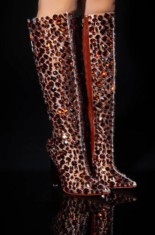Heeled knee high boots with a curved heelAZALEA WANG HONEY EMBELLISHED PVC CHUNKY BOOT IN BROWN Heeled knee high boots with a curved heelAZALEA WANG HONEY EMBELLISHED PVC CHUNKY BOOT IN BROWN