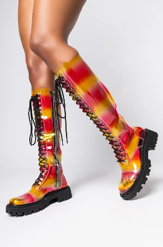 Low heel knee high boots for a casual lookAZALEA WANG I DONT CARE I LOVE IT FLATFORM BOOT IN MULTI Low heel knee high boots for a casual lookAZALEA WANG I DONT CARE I LOVE IT FLATFORM BOOT IN MULTI