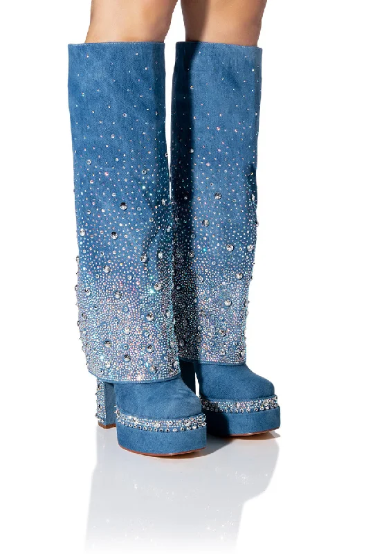 Knee high boots with a fold - over topAZALEA WANG INVISIBLE DENIM BOOT WITH DIAMONDS Knee high boots with a fold - over topAZALEA WANG INVISIBLE DENIM BOOT WITH DIAMONDS