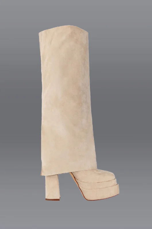 Square toe knee high boots for a contemporary styleAZALEA WANG INVISIBLE FOLD OVER CHUNKY BOOT IN TAN SUEDE Square toe knee high boots for a contemporary styleAZALEA WANG INVISIBLE FOLD OVER CHUNKY BOOT IN TAN SUEDE
