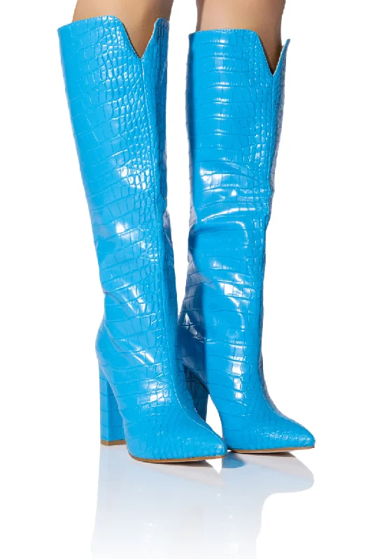 Corduroy knee high boots for a rustic lookAZALEA WANG JULIANA CHUNKY CROC BOOT IN BLUE Corduroy knee high boots for a rustic lookAZALEA WANG JULIANA CHUNKY CROC BOOT IN BLUE