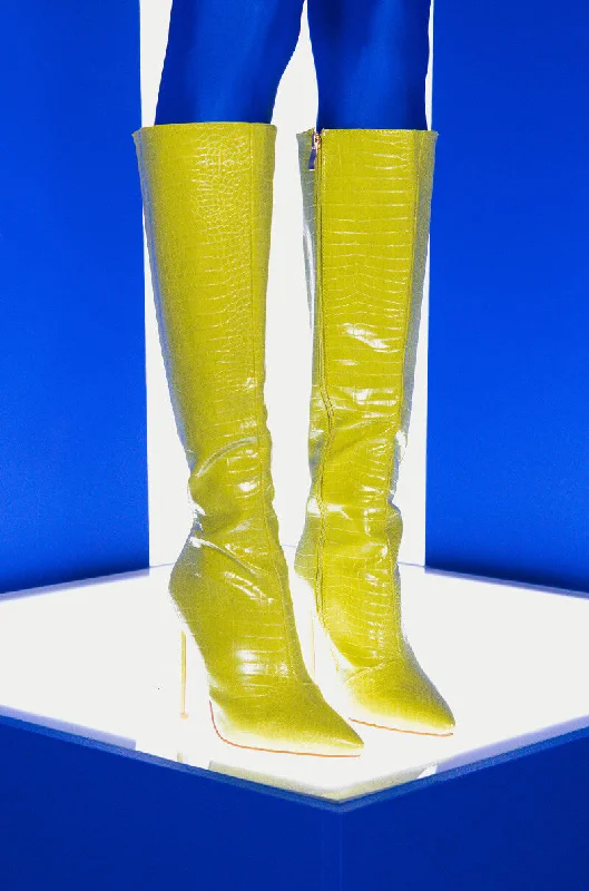 Knee high boots with a croc - embossed textureAZALEA WANG JUST MY LUCK STILETTO BOOT IN LIME Knee high boots with a croc - embossed textureAZALEA WANG JUST MY LUCK STILETTO BOOT IN LIME
