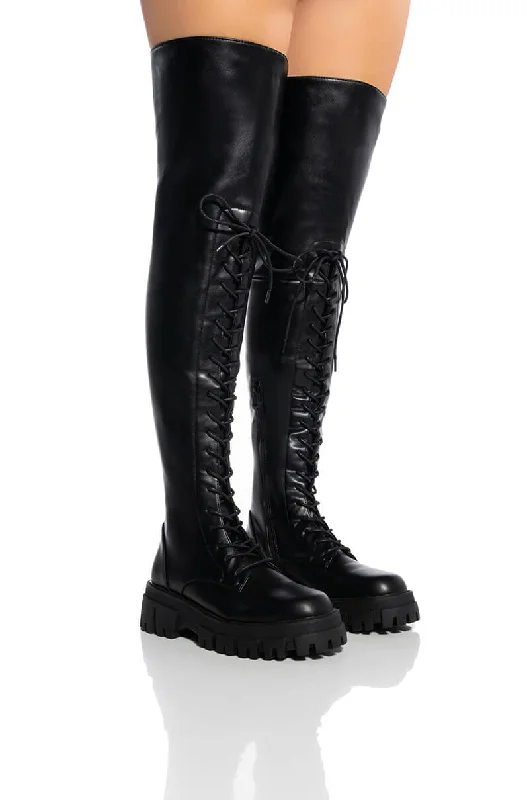 Thigh - high shaft knee high boots for a daring styleAZALEA WANG KANE BUCKET BOOT IN BLACK Thigh - high shaft knee high boots for a daring styleAZALEA WANG KANE BUCKET BOOT IN BLACK
