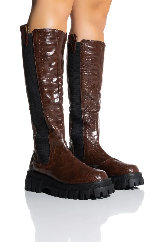 Flat sole knee high boots for all - day comfort​AZALEA WANG KENSINGTON FLATFORM BOOT IN BROWN