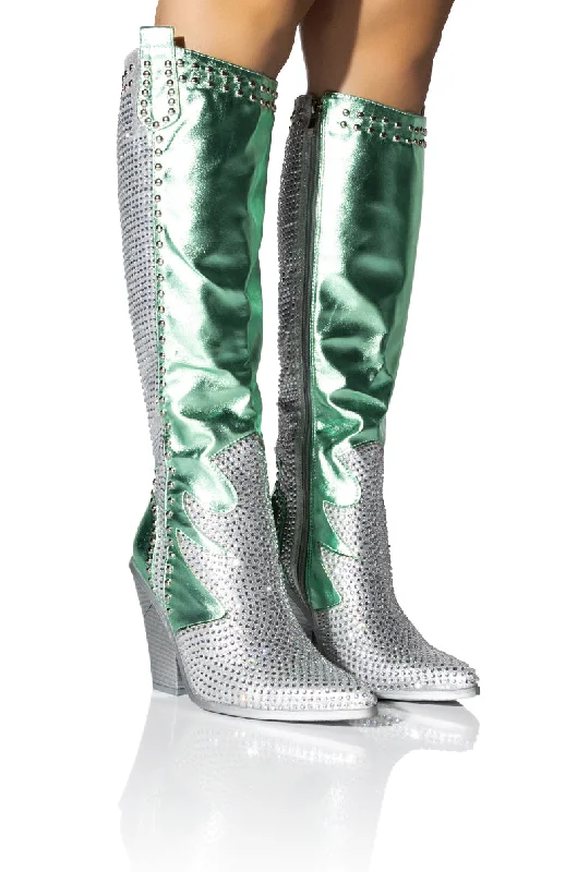 Knee high boots with a distressed finish​AZALEA WANG LEITTEN WEDGE BOOT IN GREEN
