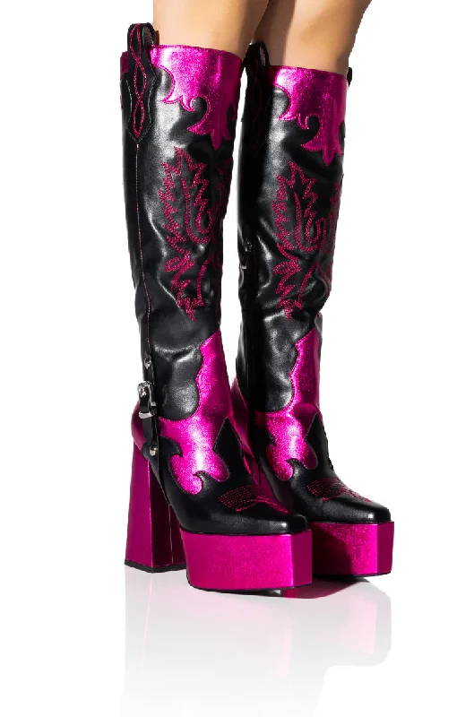 Knee high boots with memory foam insoles​AZALEA WANG LILIANA WESTERN STYLE CHUNKY BOOT