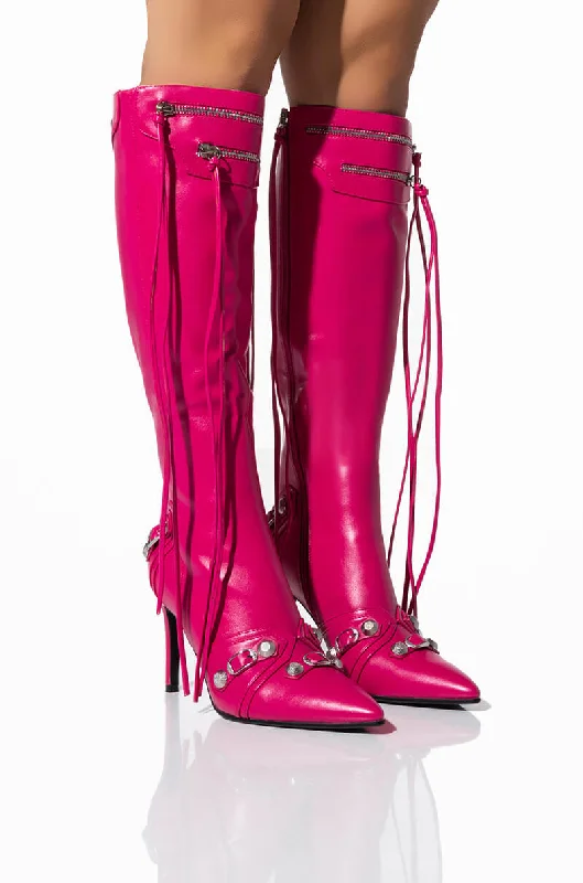 Knee high boots with decorative tassels​AZALEA WANG MAEVE STILETTO BOOT IN FUCHSIA