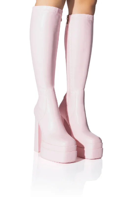 Knee high boots with a lace - up front and side zipperAZALEA WANG MAXINE CHUNKY STRETCH BOOTIE IN PINK