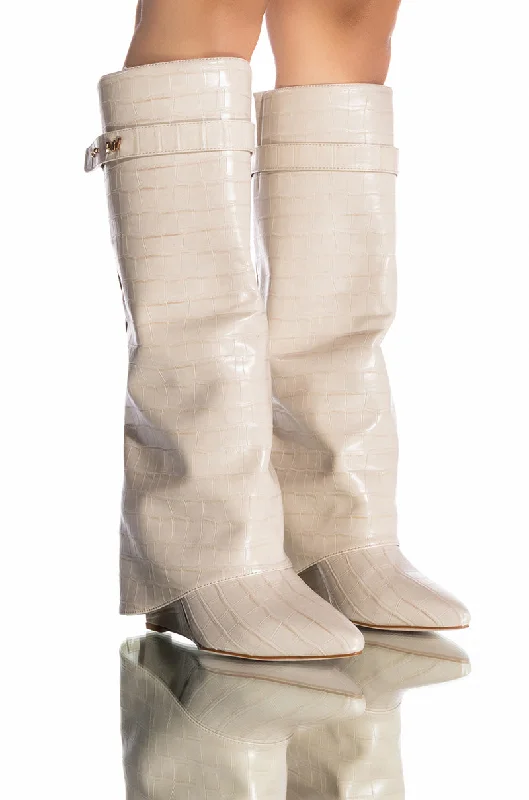 Knee high boots with faux snake skin texture​AZALEA WANG MELINA FOLD OVER WEDGE BOOT IN BONE