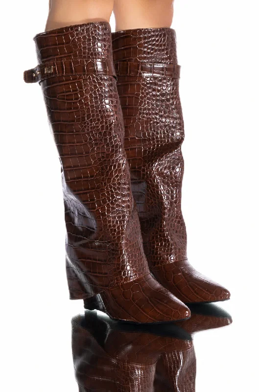 Heeled knee high boots with a curved heelAZALEA WANG MELINA FOLD OVER WEDGE BOOT IN BROWN Heeled knee high boots with a curved heelAZALEA WANG MELINA FOLD OVER WEDGE BOOT IN BROWN