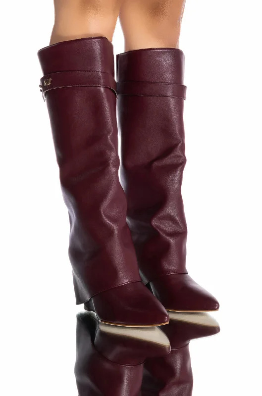 Ribbed knee high boots for added grip​AZALEA WANG MELINA FOLD OVER WEDGE BOOT IN BURGUNDY