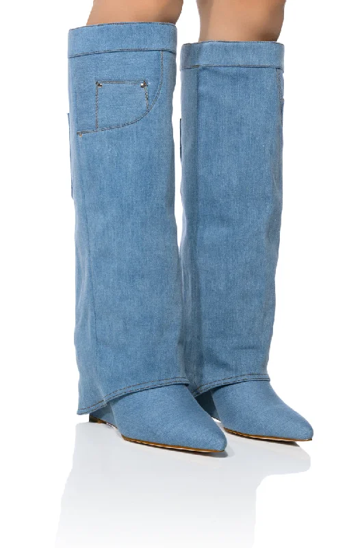 Square toe knee high boots for a contemporary styleAZALEA WANG MELINA WEDGE BOOT IN DENIM Square toe knee high boots for a contemporary styleAZALEA WANG MELINA WEDGE BOOT IN DENIM