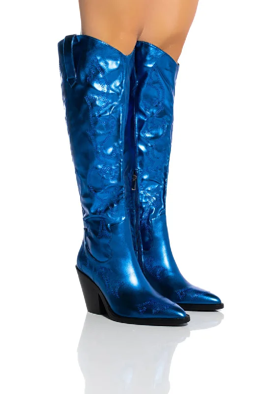 Metallic knee high boots for a glamorous touchAZALEA WANG MIMI METALLIC WESTERN BOOT IN BLUE Metallic knee high boots for a glamorous touchAZALEA WANG MIMI METALLIC WESTERN BOOT IN BLUE