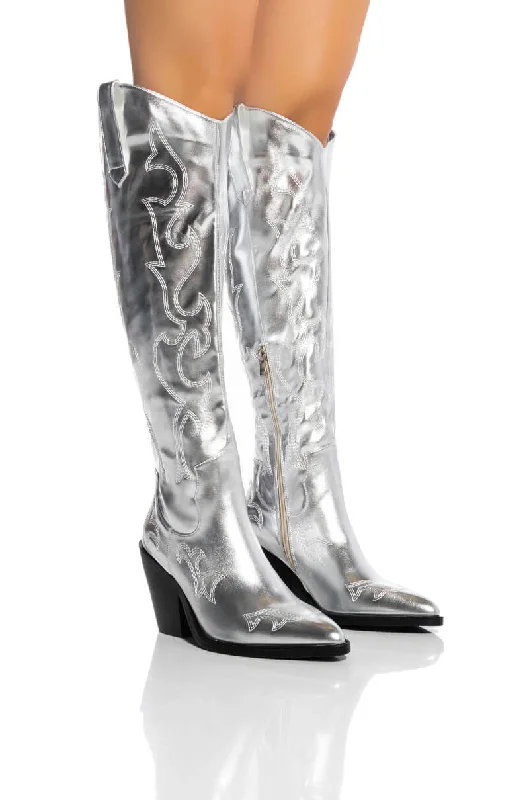 Waterproof leather knee high boots for winterAZALEA WANG MIMI METALLIC WESTERN BOOT IN SILVER Waterproof leather knee high boots for winterAZALEA WANG MIMI METALLIC WESTERN BOOT IN SILVER